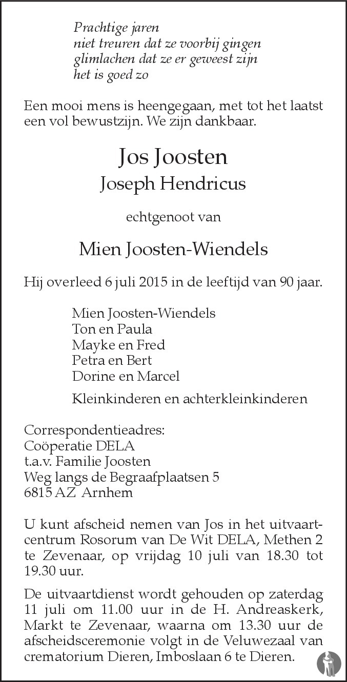 Joseph Hendricus (Jos) Joosten 06072015 overlijdensbericht en