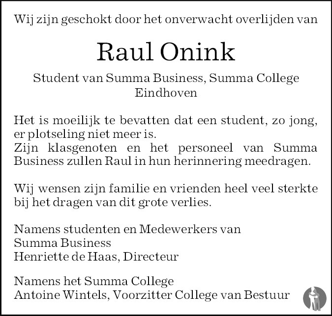 Overlijdensbericht van Raul Onink in Eindhovens Dagblad