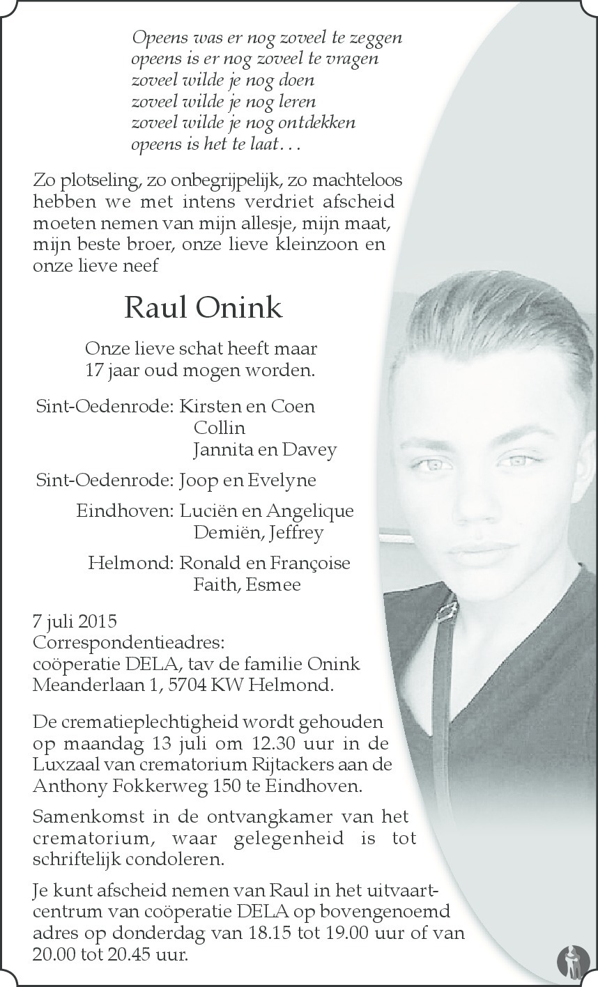 Overlijdensbericht van Raul Onink in Eindhovens Dagblad