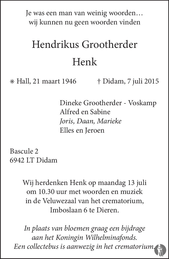 Hendrikus (Henk) Grootherder 07-07-2015 overlijdensbericht en ...
