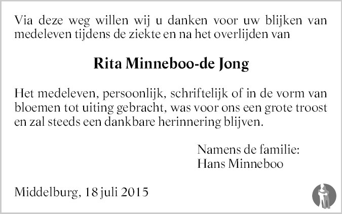 Rita Minneboo de Jong 20062015 overlijdensbericht en condoleances