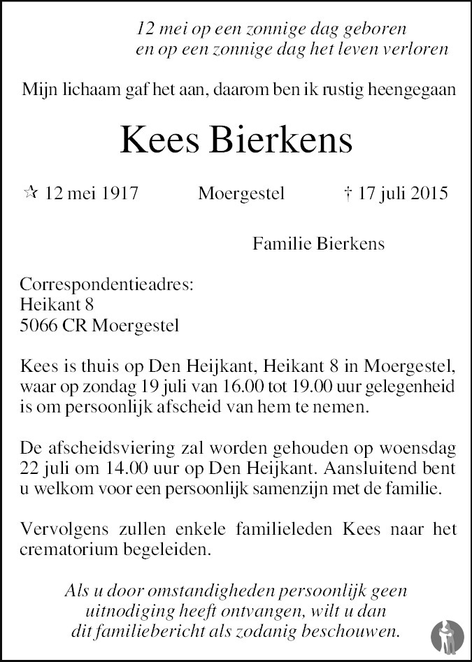 Overlijdensbericht van Kees Bierkens in Brabants Dagblad