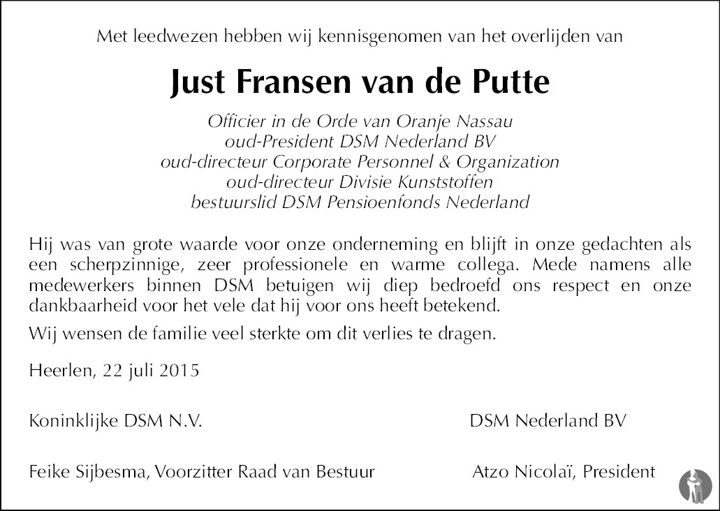 Just Fransen van de Putte 22072015 overlijdensbericht en condoleances