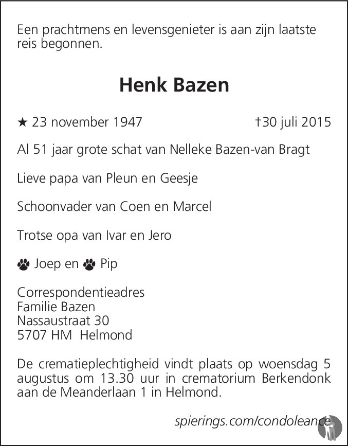 Overlijdensbericht van Henk Bazen in Eindhovens Dagblad