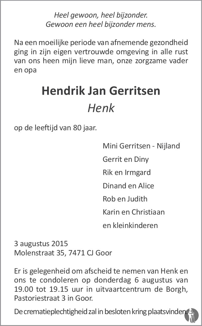 Hendrik Jan (Henk) Gerritsen 03-08-2015 overlijdensbericht en ...