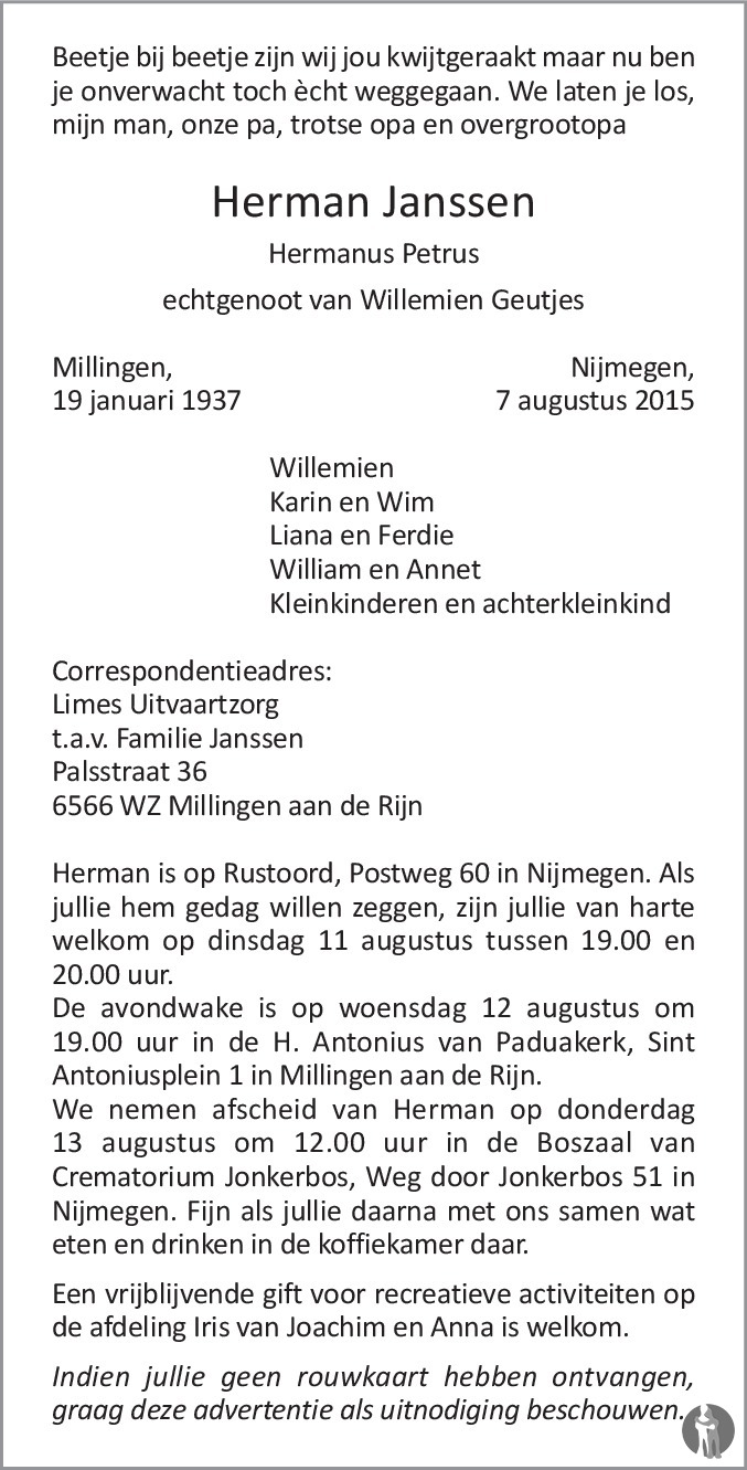 Hermanus Petrus (Herman) Janssen 07-08-2015 overlijdensbericht en ...