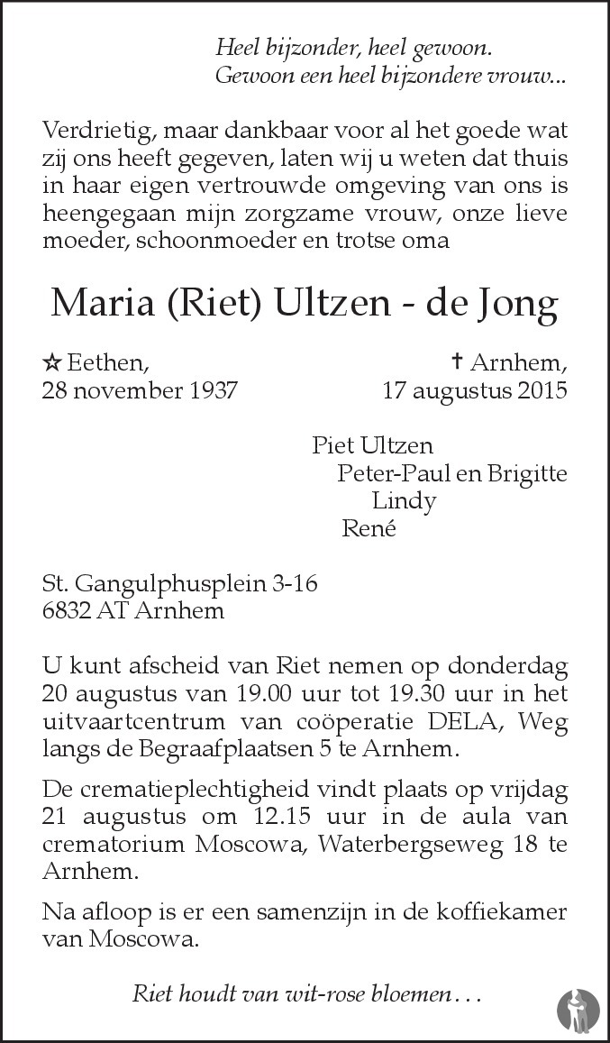 Overlijdensbericht van Maria (Riet) Ultzen - de Jong in de Gelderlander