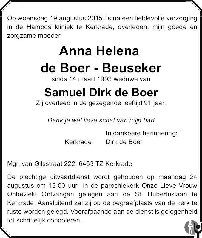 Anna Helena de Boer - Beuseker 19-08-2015 overlijdensbericht en ...