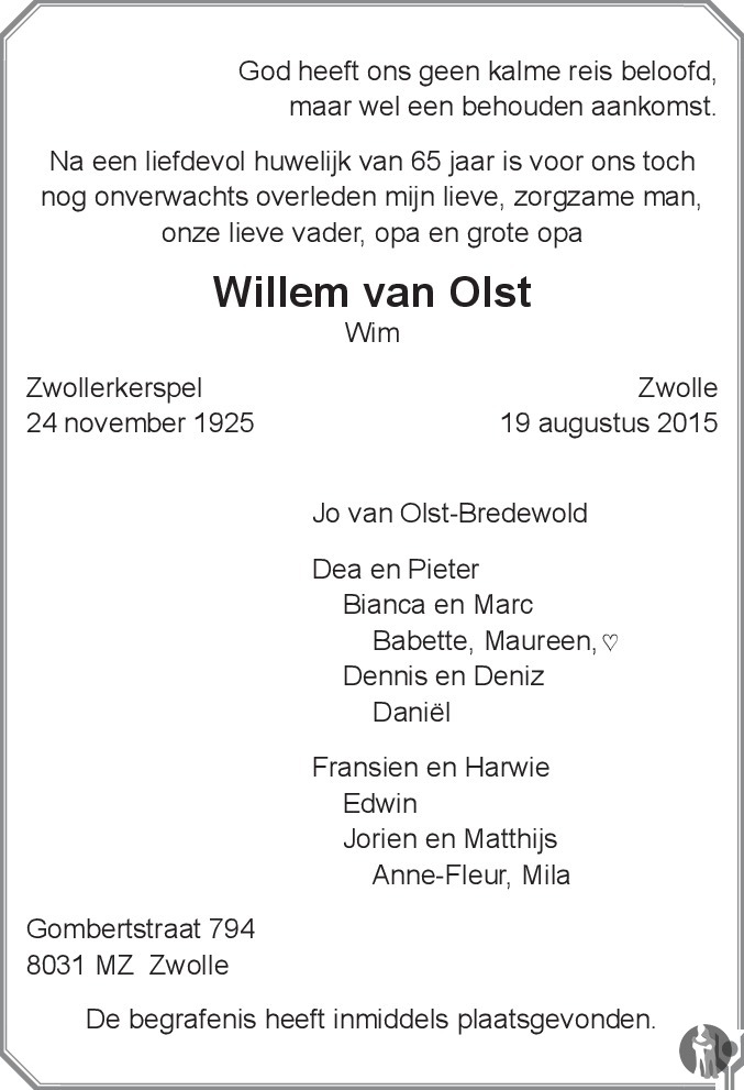 Willem (Wim) van Olst 19082015 overlijdensbericht en condoleances