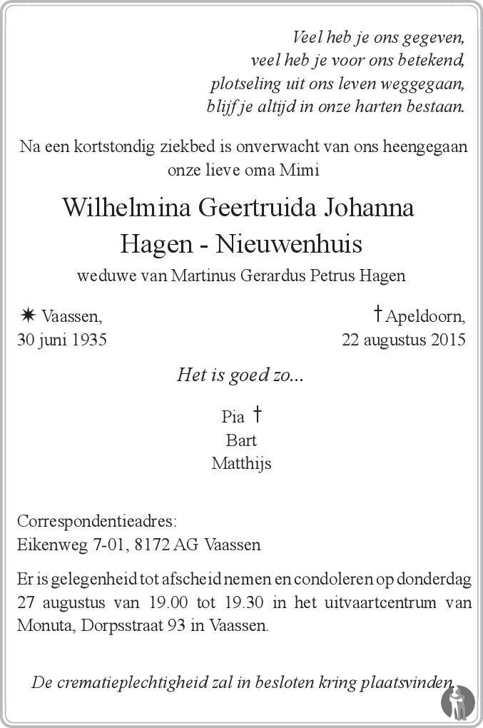 Wilhelmina Geertruida Johanna Hagen - Nieuwenhuis 22-08-2015 ...