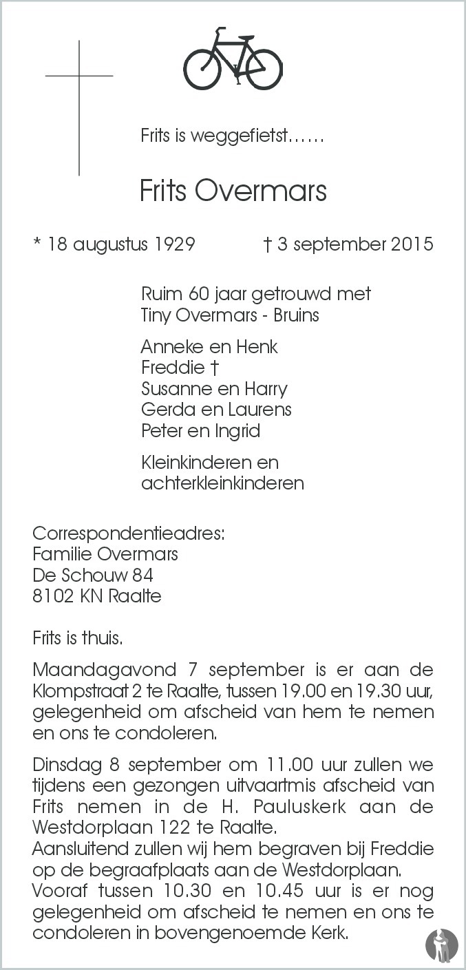 Frits Overmars 03-09-2015 overlijdensbericht en condoleances