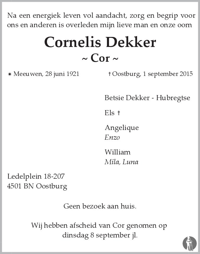 Overlijdensbericht van Cornelis (Cor) Dekker in PZC Provinciale Zeeuwse Courant