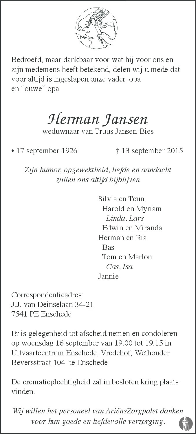 Herman Jansen 13-09-2015 overlijdensbericht en condoleances - Mensenlinq.nl