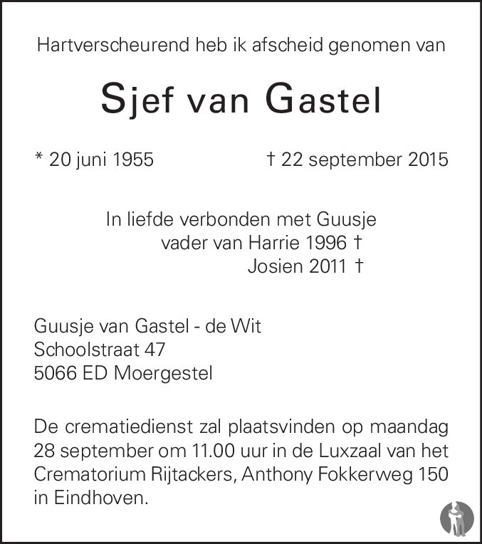 Overlijdensbericht van Sjef van Gastel in Brabants Dagblad