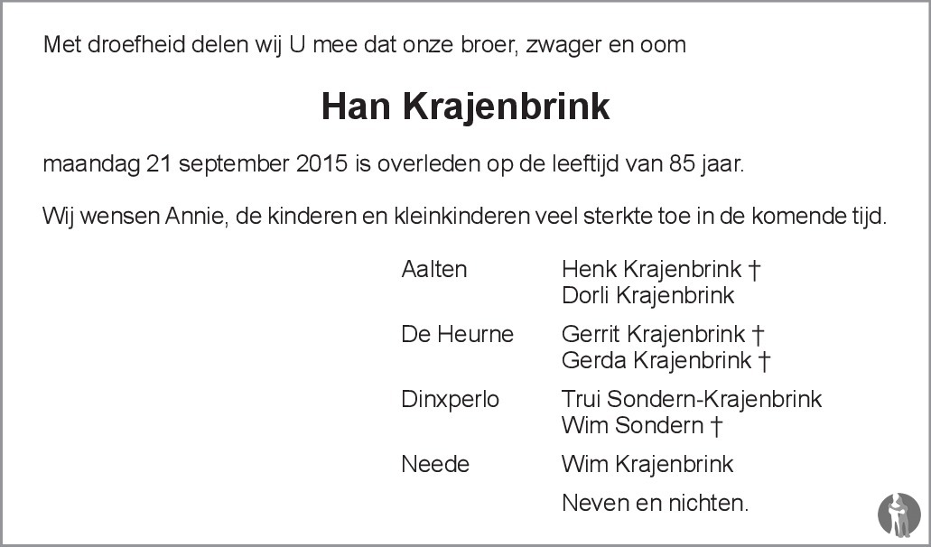 Johan Christiaan Krajenbrink 21-09-2015 Overlijdensbericht En ...