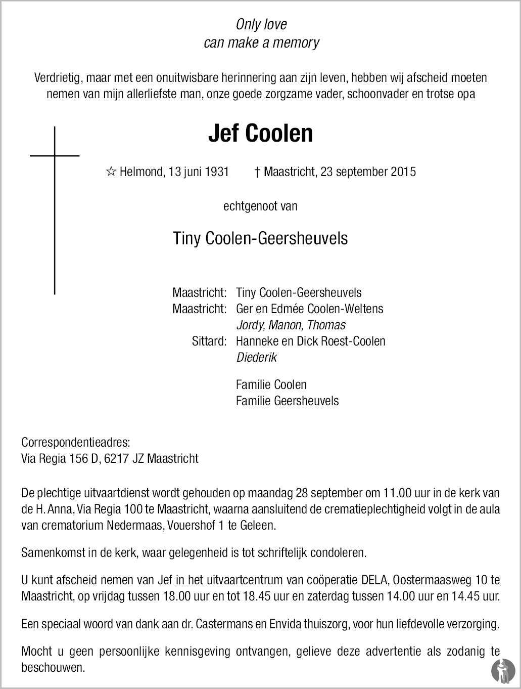 Jef Coolen 23-09-2015 overlijdensbericht en condoleances - Mensenlinq.nl