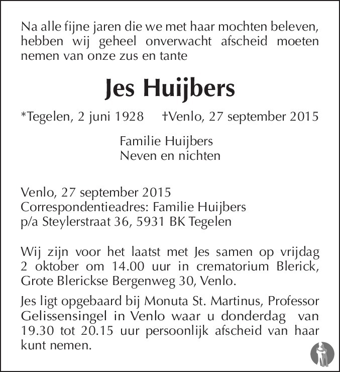 Jes Huijbers 27092015 overlijdensbericht en condoleances Mensenlinq.nl