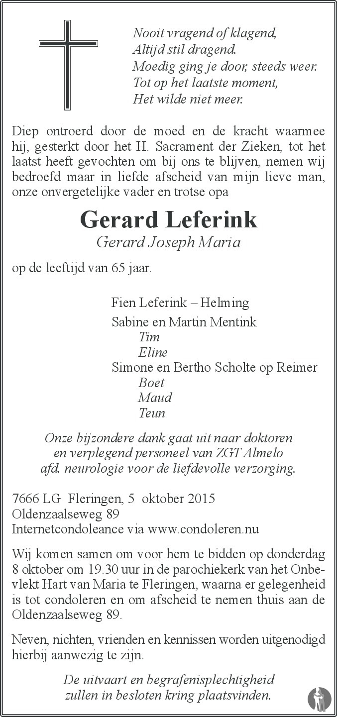 Gerard Joseph Maria (Gerard) Leferink 05-10-2015 overlijdensbericht en ...