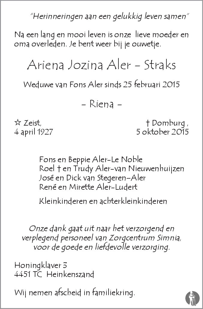 Overlijdensbericht van Ariena Jozina (Riena) Aler - Straks in PZC Provinciale Zeeuwse Courant