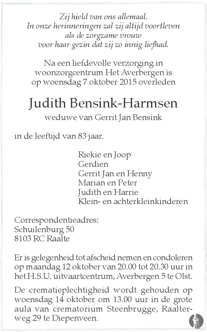 Judith Bensink - Harmsen 07-10-2015 overlijdensbericht en condoleances ...