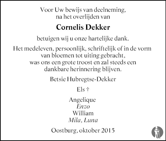 Overlijdensbericht van Cornelis (Cor) Dekker in PZC Provinciale Zeeuwse Courant