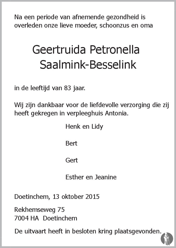 Geertruida Petronella Saalmink Besselink 13102015 overlijdensbericht