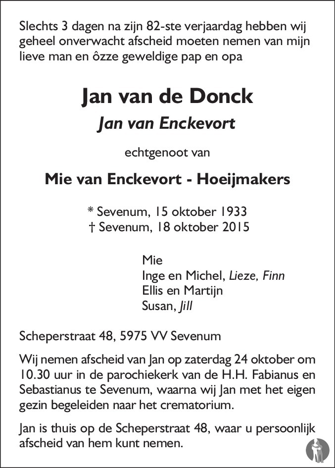 Jan (Jan van de Donck) van Enckevort 18-10-2015 overlijdensbericht en ...