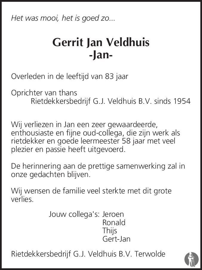 Gerrit Jan Jan Veldhuis Overlijdensbericht En Condoleances