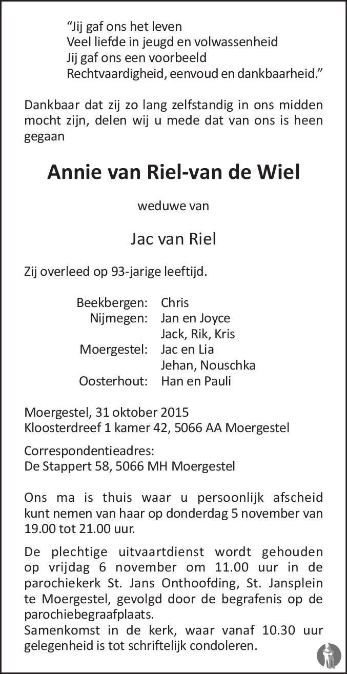 Overlijdensbericht van Annie van Riel - van de Wiel in Brabants Dagblad