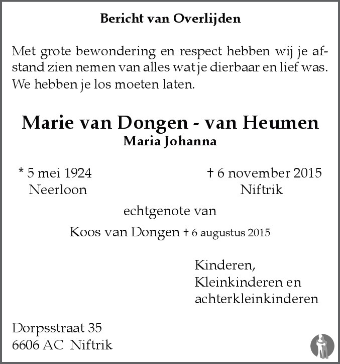 Overlijdensbericht van Maria Johanna (Marie) van Dongen - van Heumen in de Gelderlander