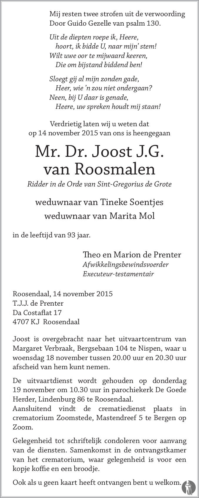 Mr Dr J G Joost Roosmalen 14 11 15 Overlijdensbericht En Condoleances Mensenlinq Nl