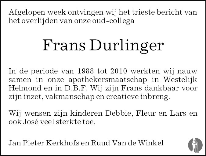 Overlijdensbericht van Franciscus Cornelius Joseph (Frans)  Durlinger  in Eindhovens Dagblad