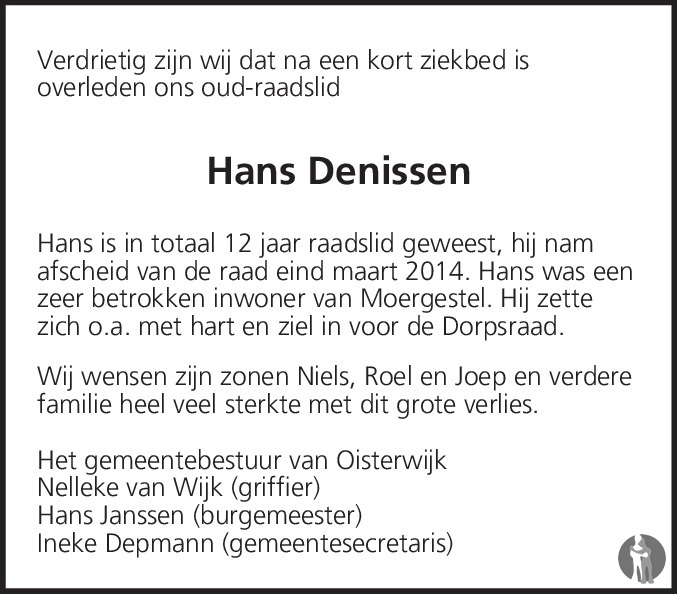 Overlijdensbericht van Hans Denissen in Brabants Dagblad