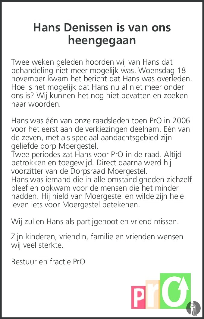 Overlijdensbericht van Hans Denissen in Brabants Dagblad