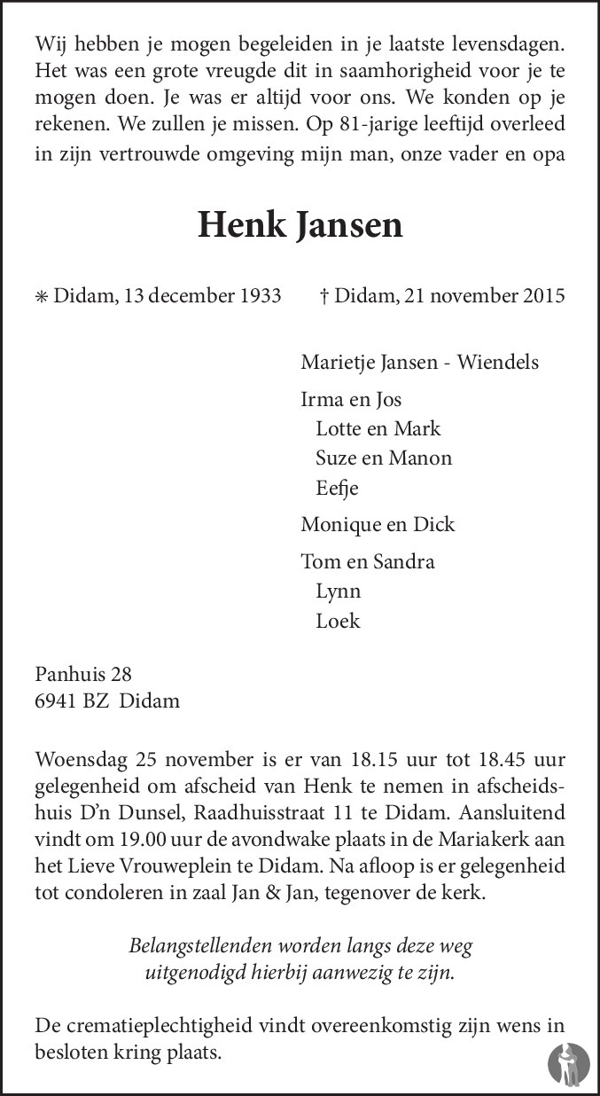 Henk Jansen 21-11-2015 overlijdensbericht en condoleances - Mensenlinq.nl