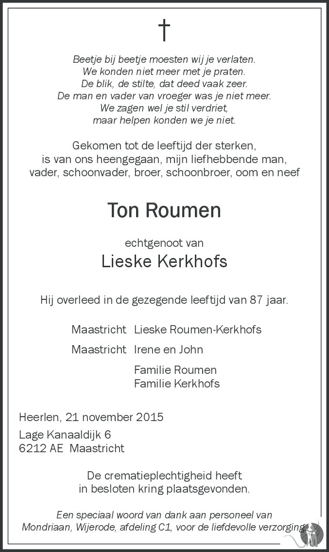 Ton Roumen 21-11-2015 overlijdensbericht en condoleances - Mensenlinq.nl