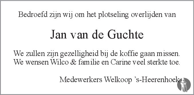 Overlijdensbericht van Jan van de Guchte in PZC Provinciale Zeeuwse Courant
