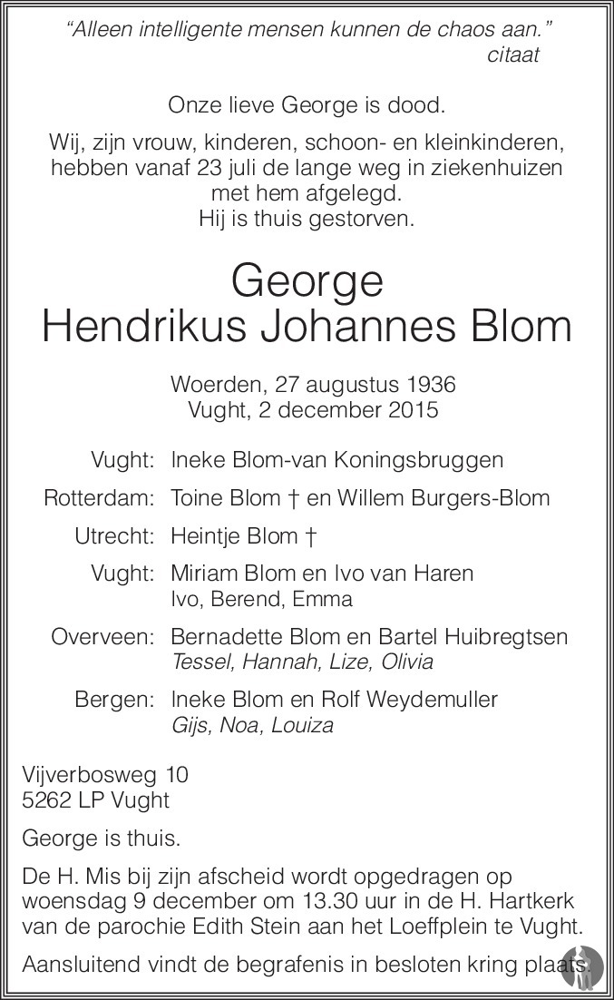 Hendrikus Johannes Blom 02122015 overlijdensbericht en