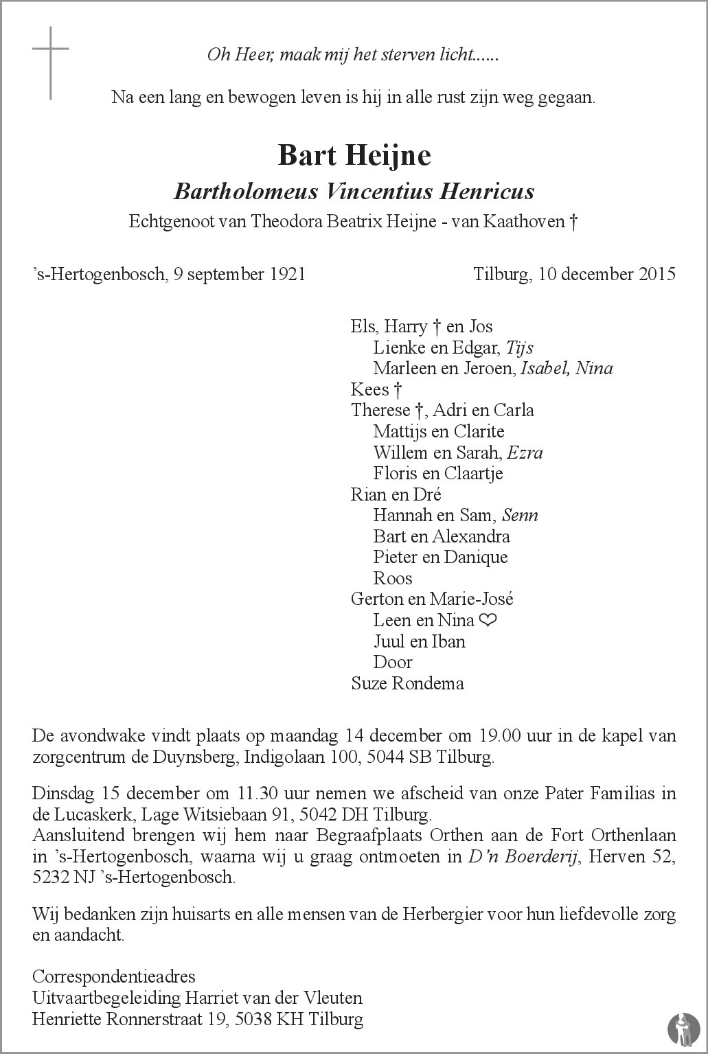 Overlijdensbericht van Bartholomeus Vincentius Henricus (Bart) Heijne in Brabants Dagblad