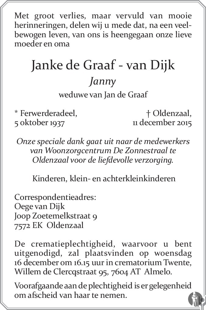 Janke (Janny) de Graaf - van Dijk 11-12-2015 overlijdensbericht en ...