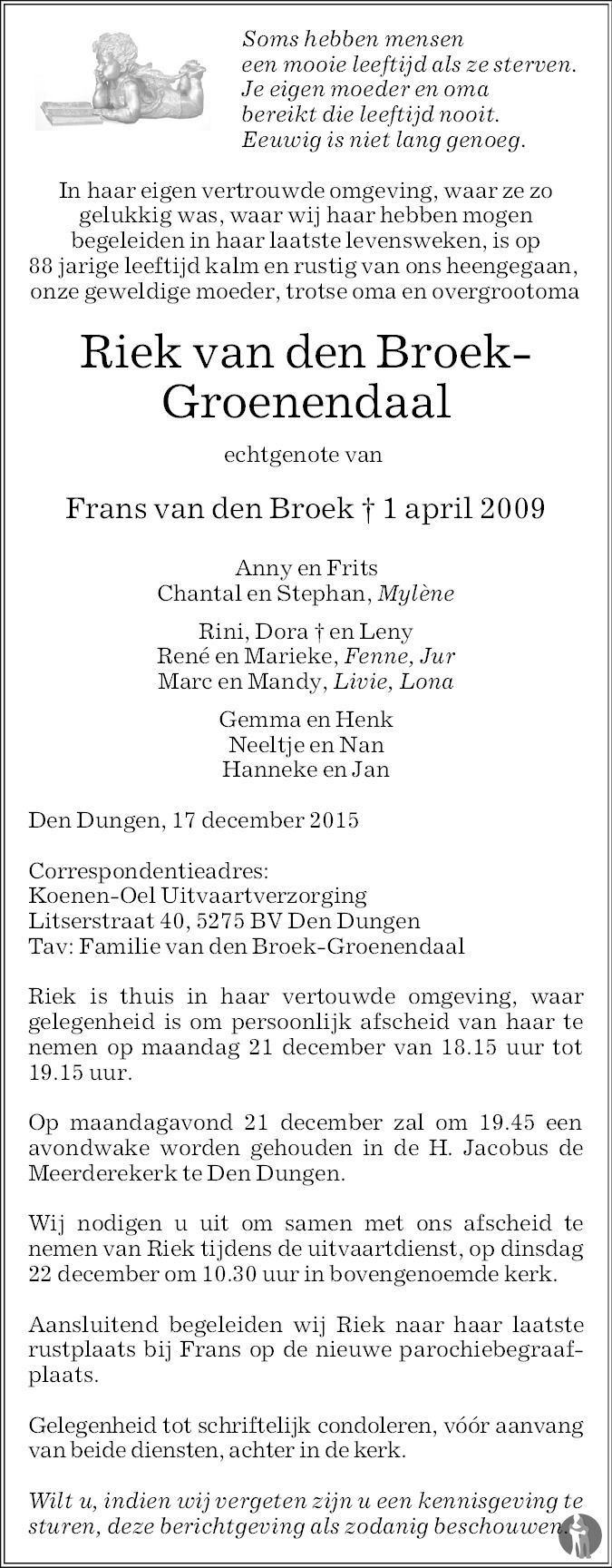 Riek van den Broek - Groenendaal ✝ 17-12-2015 overlijdensbericht en  condoleances - Mensenlinq.nl