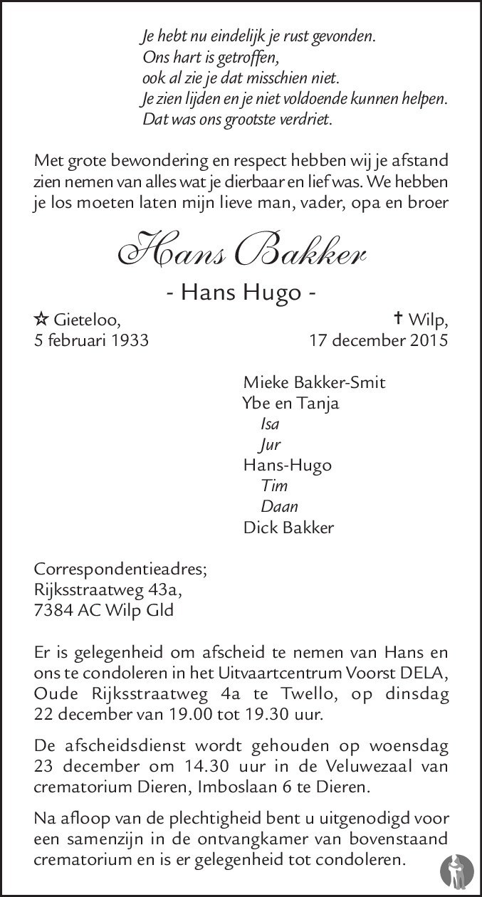 Hans Hugo Hans Bakker 17 12 2015 Overlijdensbericht En Condoleances Mensenlinq Nl