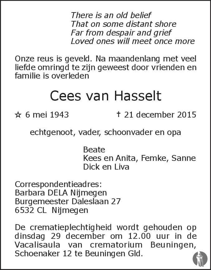 Cees van Hasselt 21-12-2015 overlijdensbericht en condoleances ...