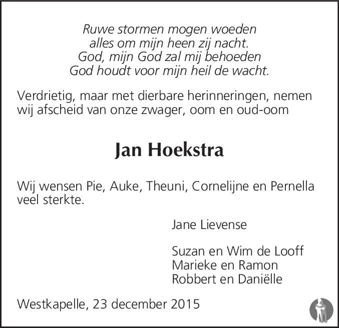 Jan Hoekstra 23122015 overlijdensbericht en condoleances Mensenlinq.nl