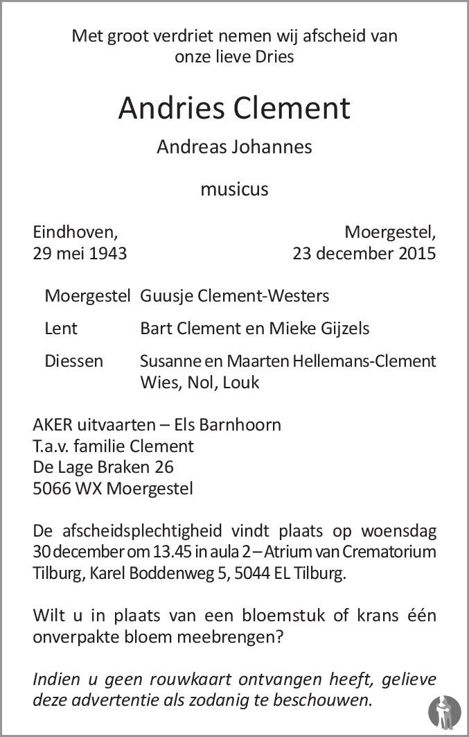Overlijdensbericht van Andreas Johannes (Andries) Clement in Brabants Dagblad