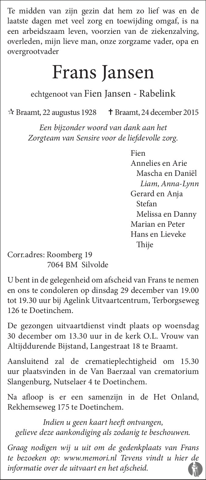 Frans Jansen 24-12-2015 overlijdensbericht en condoleances - Mensenlinq.nl