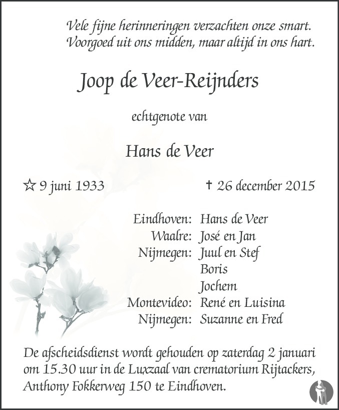 Joop de Veer - Reijnders 26-12-2015 overlijdensbericht en condoleances ...