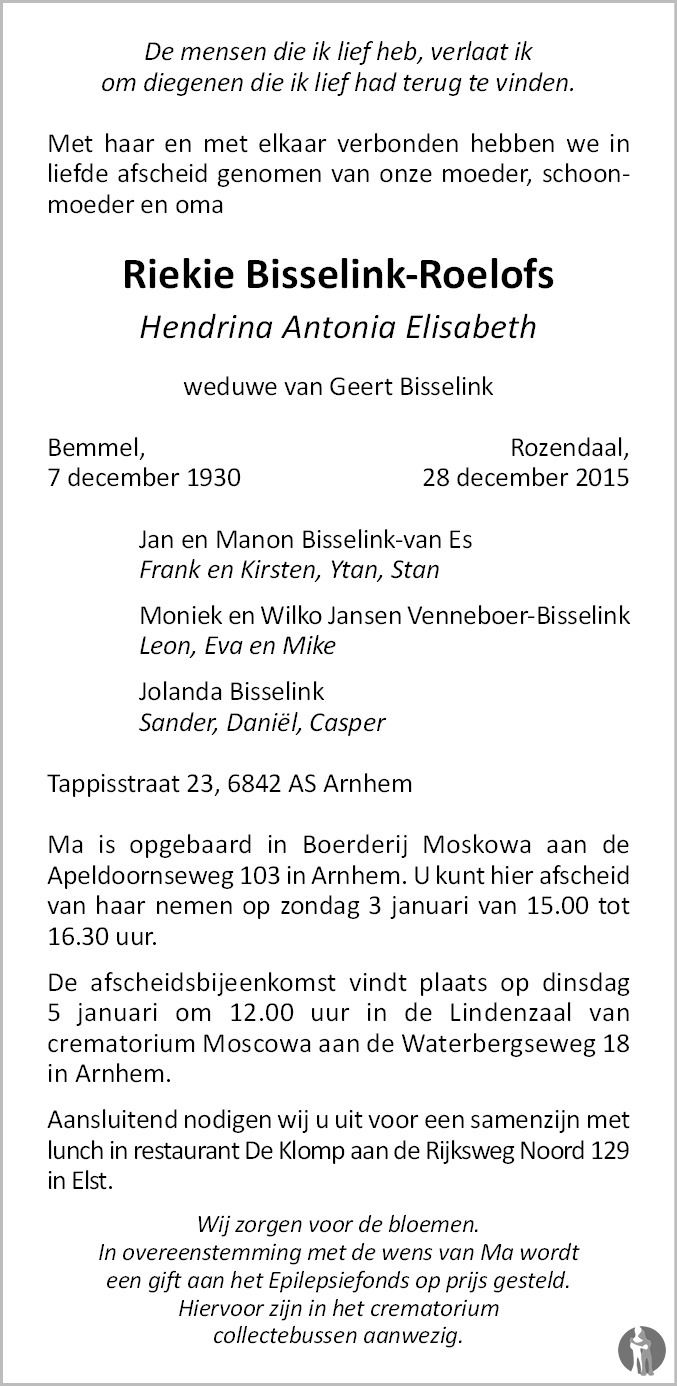 Overlijdensbericht van Hendrina Antonia Elisabeth (Riekie) Bisselink - Roelofs in de Gelderlander