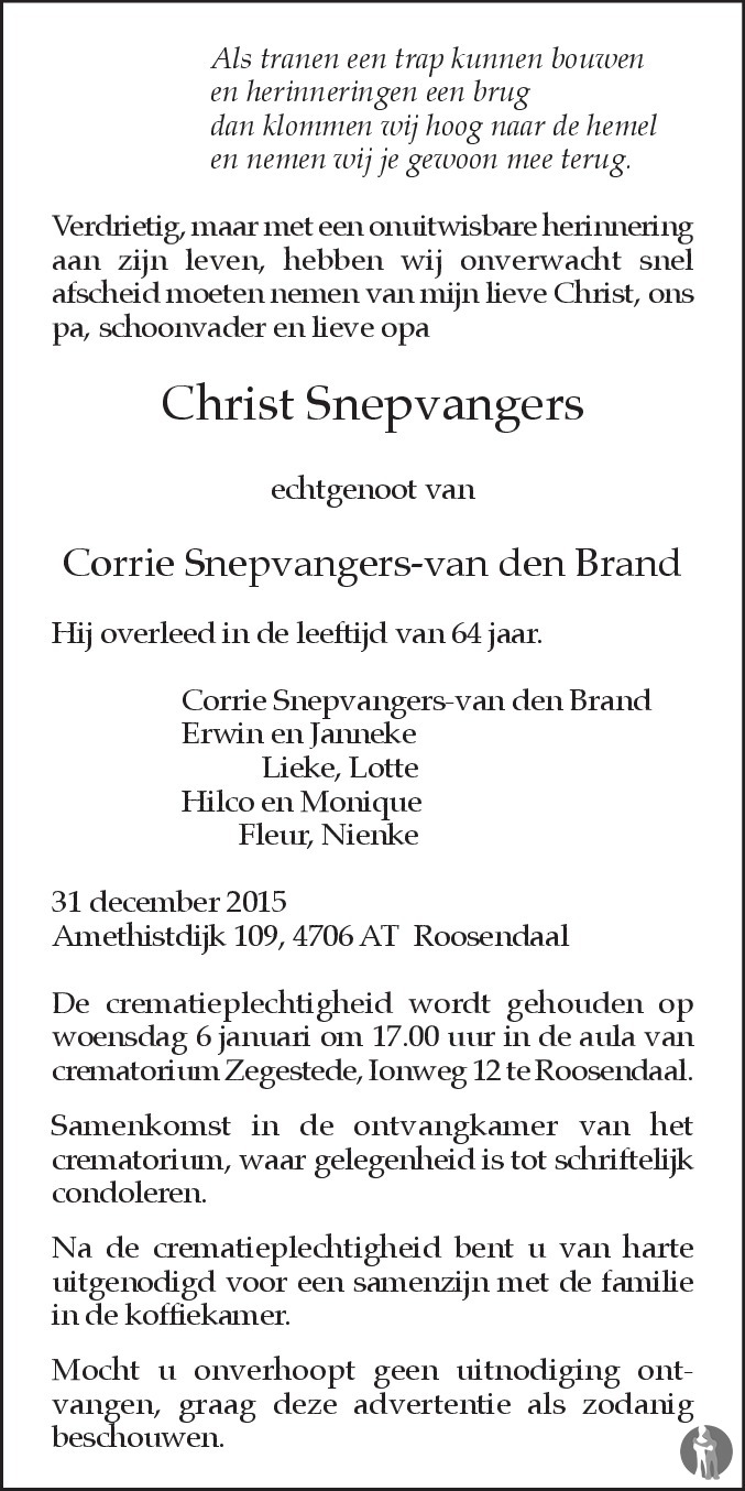 Christ Snepvangers ✝ 31-12-2015 overlijdensbericht en condoleances -  Mensenlinq.nl