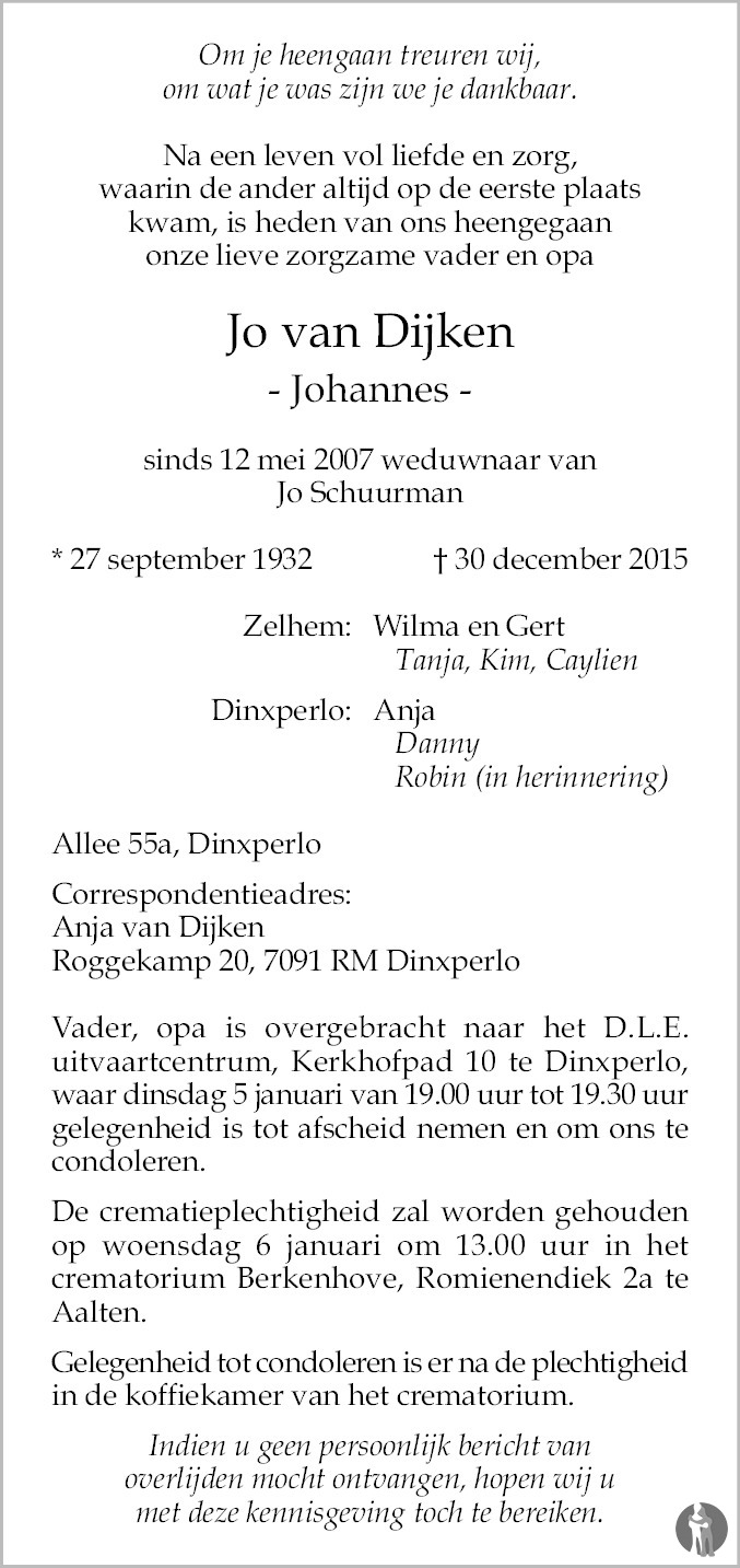 Johannes (Jo) van Dijken 30-12-2015 overlijdensbericht en condoleances ...